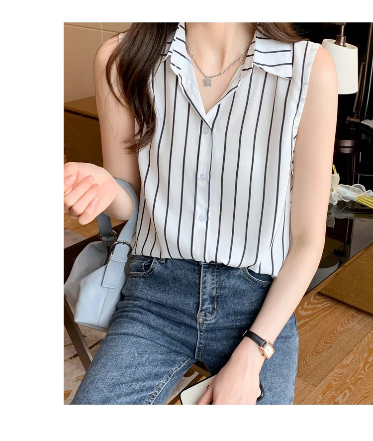 Striped Sleeveless Chiffon Blouse for Women Summer Vest Casual Lightweight Tops Basic White Shirt