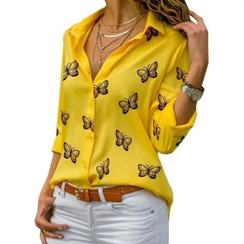 Elegant Women Butterfly Print Loose Fit Long Sleeve Blouse with Turn Down Collar Casual Oversized Office Shirt for Spring and Autumn