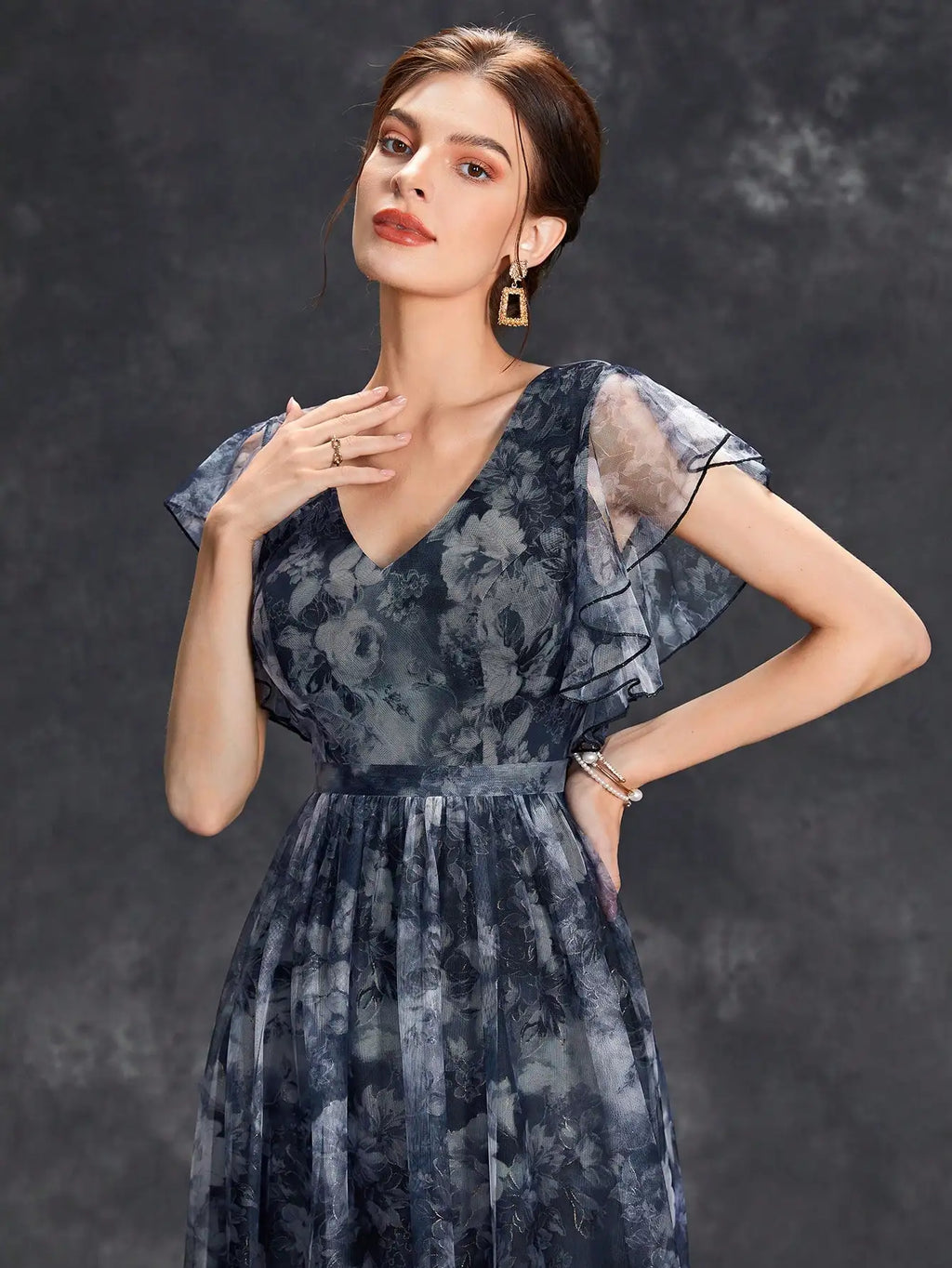 V Neck Lace Patchwork Evening Gown With Ruffled Sleeves