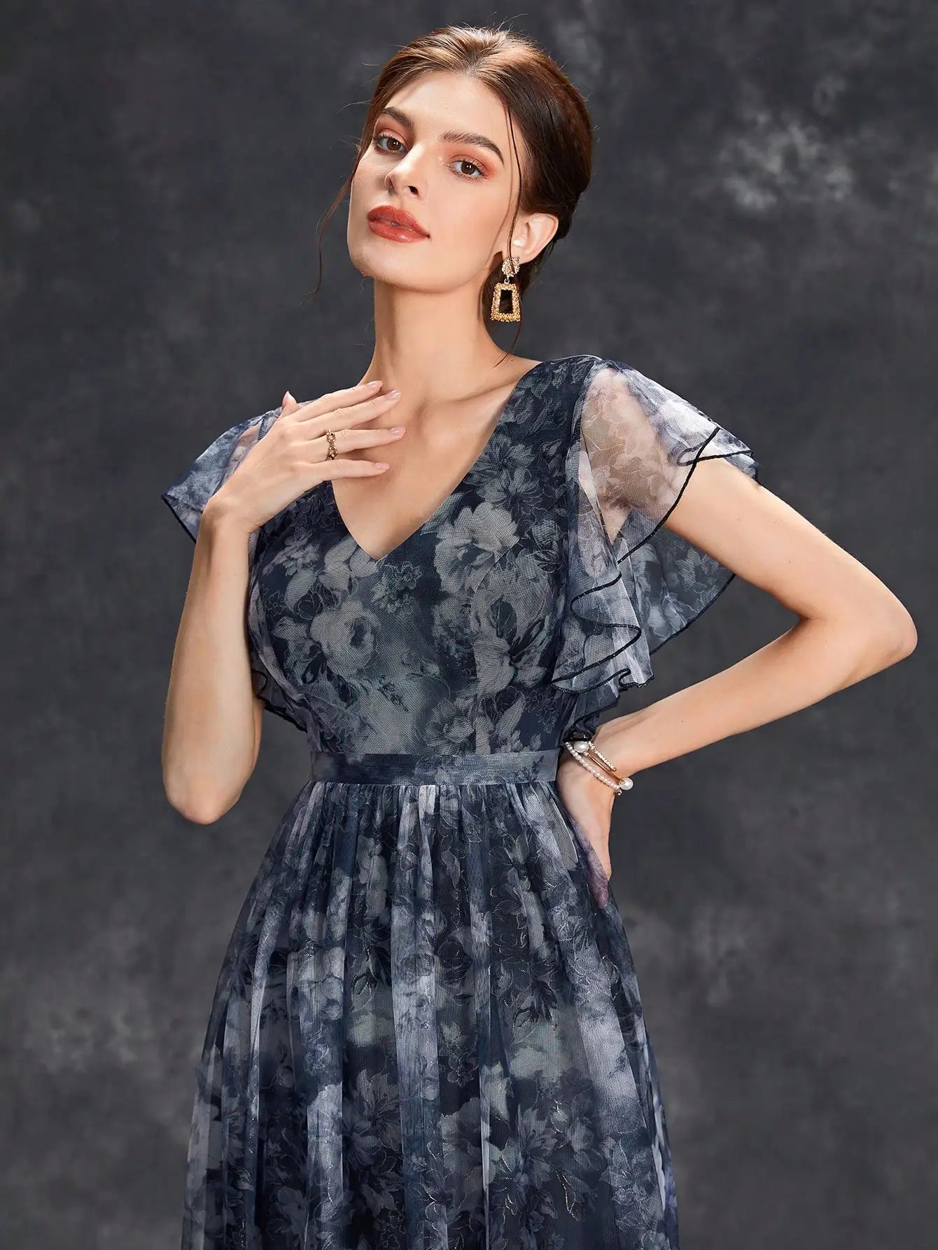 V Neck Lace Patchwork Evening Gown With Ruffled Sleeves