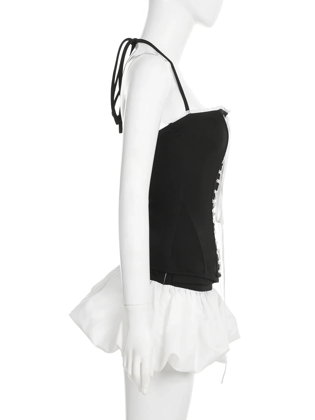 Slim Contrast Color Two-Piece Dress Set for Women Bandage Slash Neck Halter Top with Low-Waisted A-Line Skirt Elegant Sweet Casual Outfit