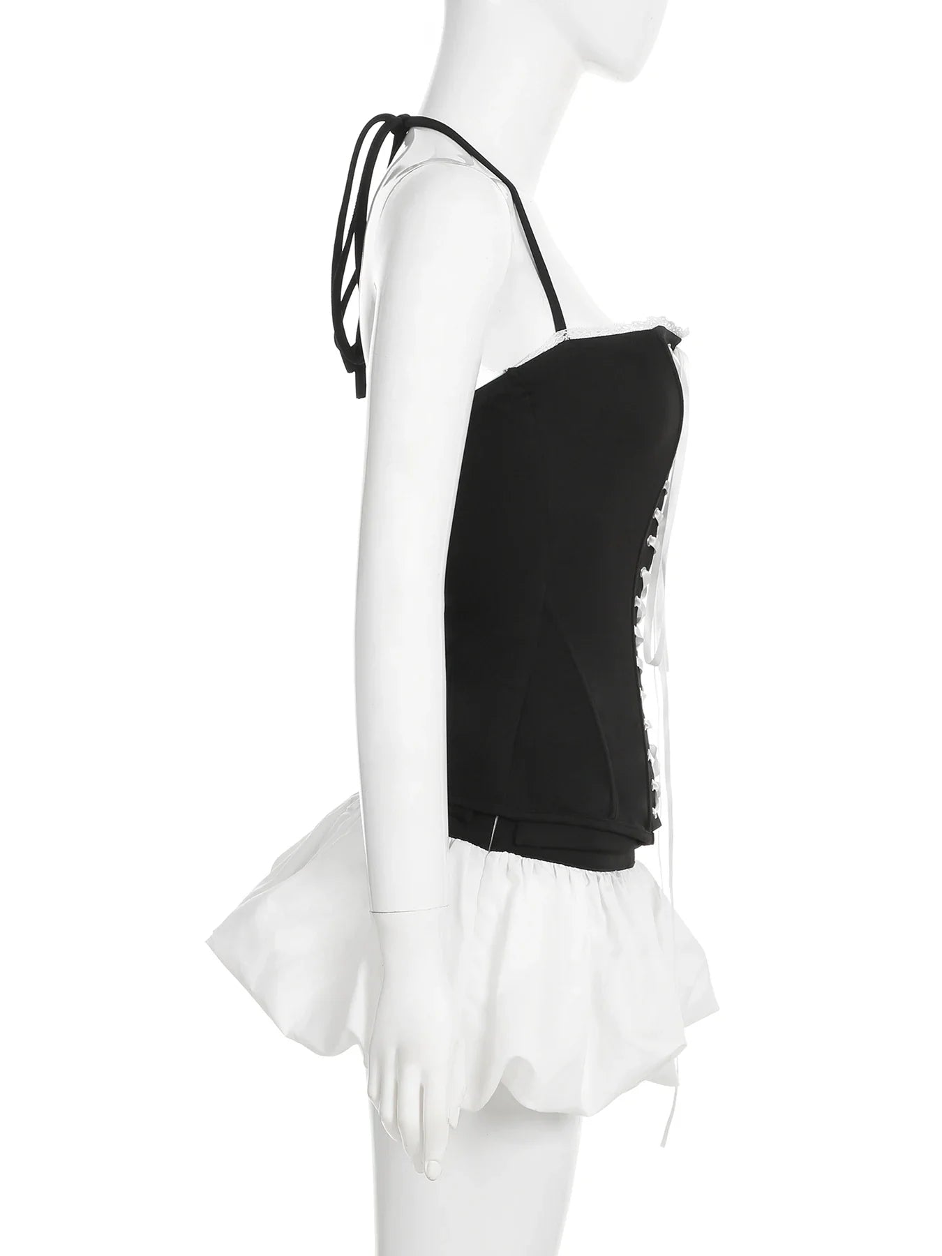 Slim Contrast Color Two-Piece Dress Set for Women Bandage Slash Neck Halter Top with Low-Waisted A-Line Skirt Elegant Sweet Casual Outfit