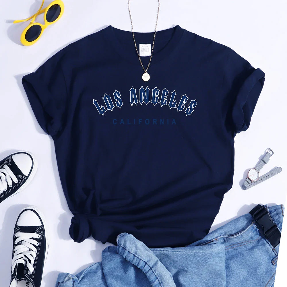 Los Angeles Letter Print Women's Casual T-Shirt Short Sleeve Crewneck Summer Style