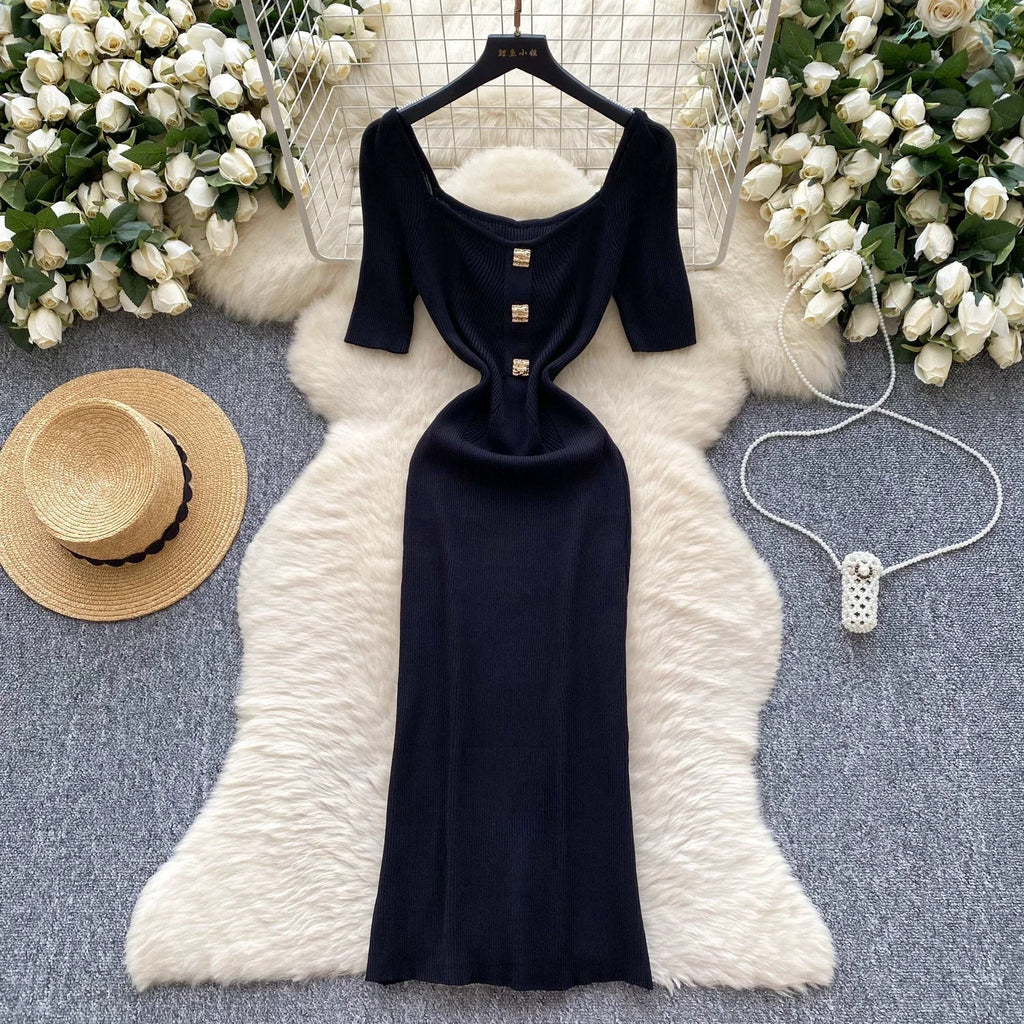 Women Square Collar Knit Dress Short Sleeve Wrap Sheath