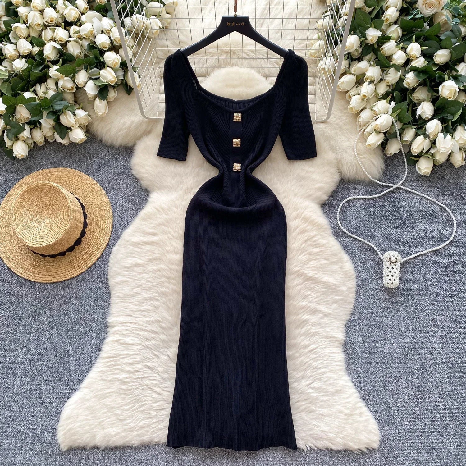Women Square Collar Knit Dress Short Sleeve Wrap Sheath