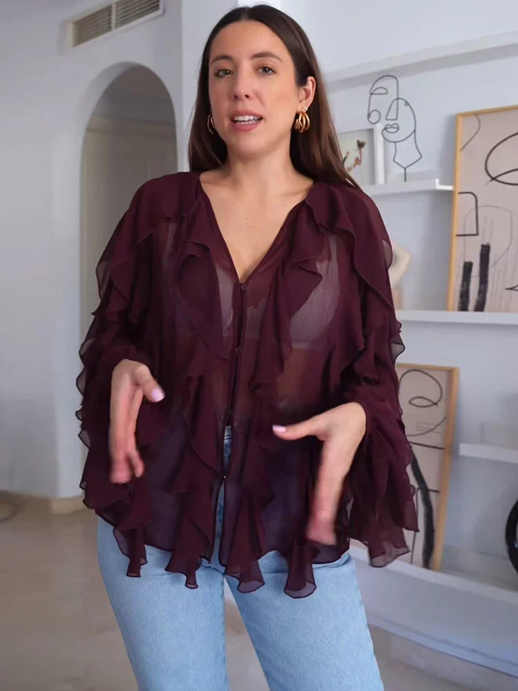 Sexy Women Translucent Ruffle Blouse V Neck Single Breasted Tiered Casual Top Beach Style Solid Shirt