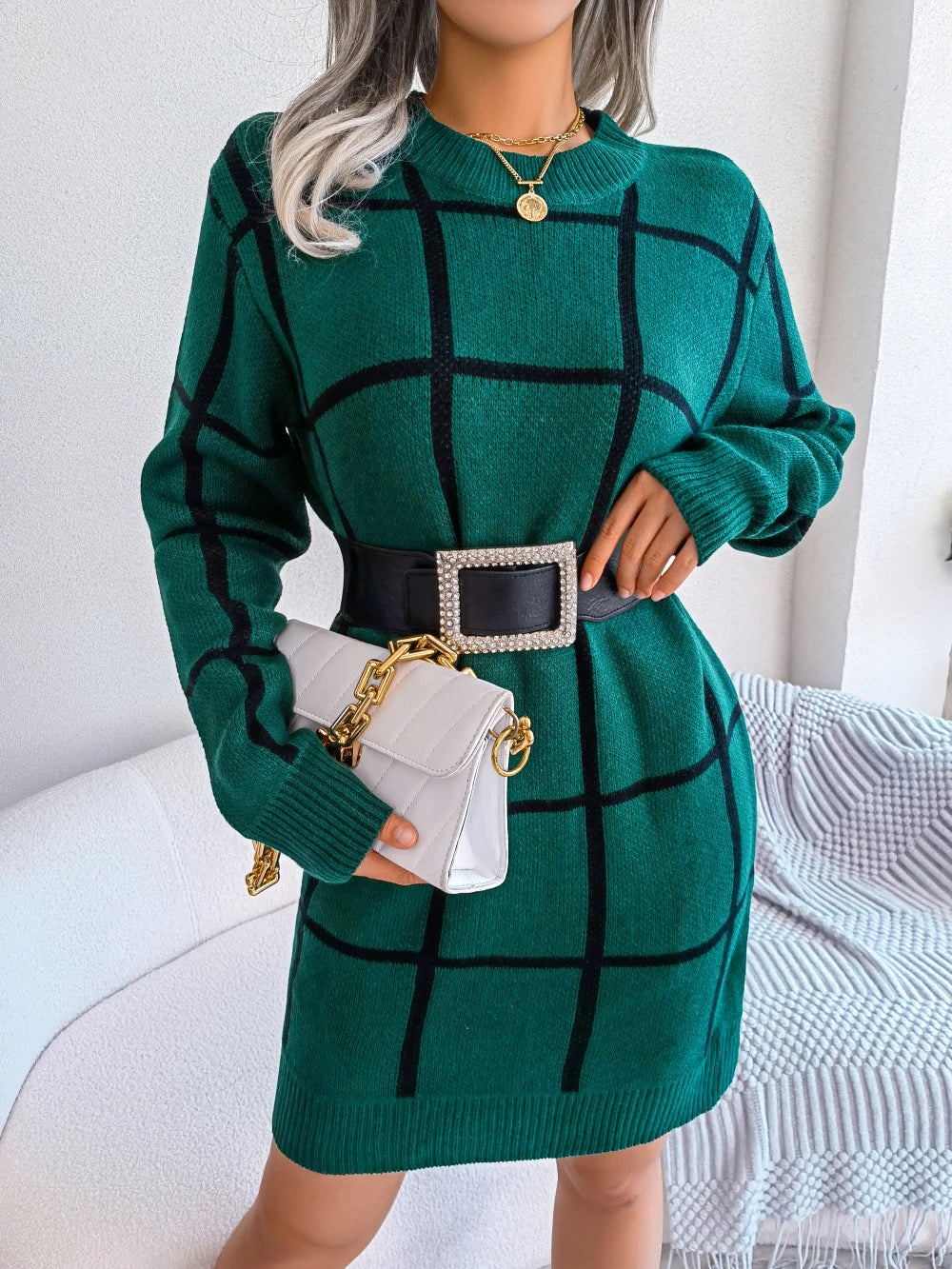 Women Plaid Knitted Sweater Dress Long Sleeve Casual Wear