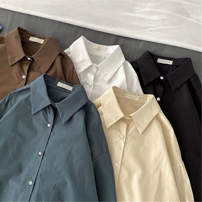 Retro Solid Loose Long Sleeve Shirt Blouse Outerwear Casual Single Breasted Spring Top Simple Trend