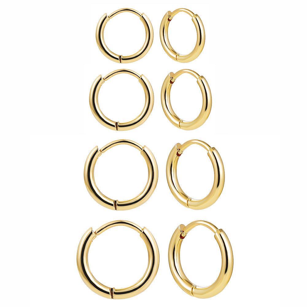 4 Pairs Stainless Steel Round Huggies Earrings Set for Women and Men Stackable Tiny 18K Gold Plated Ear Hoops