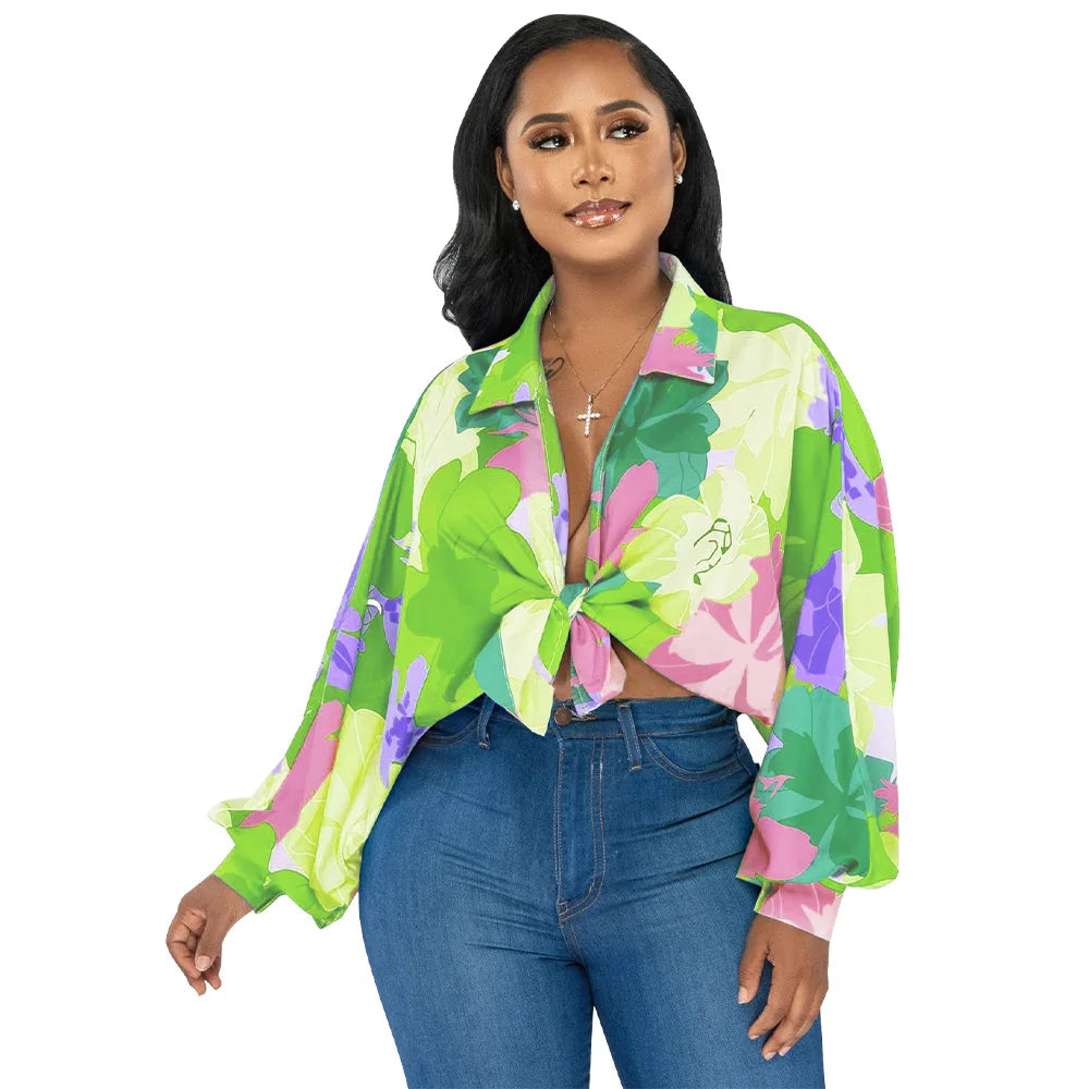 Women's Printed V-Neck Ramie Shirt Loose Bat-Sleeve Summer Top with Belly Cover Age-Reducing Design