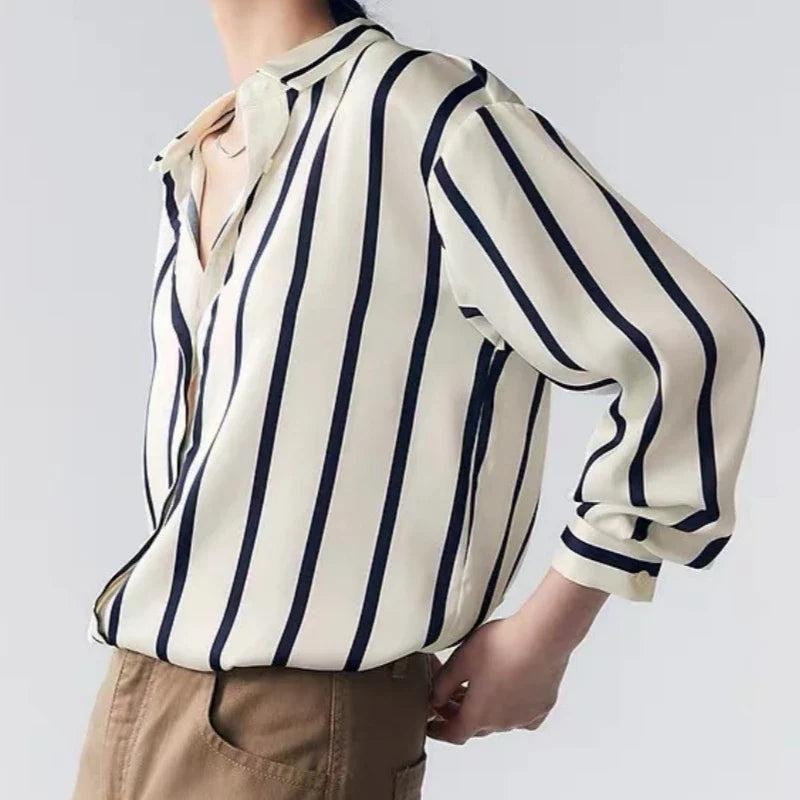 Vintage Striped Satin Women's Blouse Long Sleeve Turn-Down Collar Casual Loose Fit Shirt for Spring and Autumn