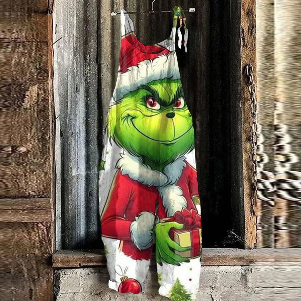 Kawaii Cartoon Print Casual Loose Vintage Strappy Jumpsuit Women's Fashion Festival Pants with Christmas Theme