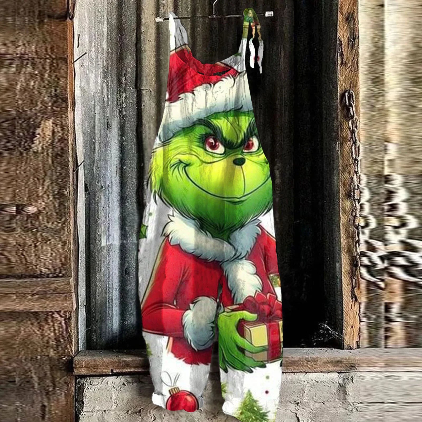 Kawaii Cartoon Print Casual Loose Vintage Strappy Jumpsuit Women's Fashion Festival Pants with Christmas Theme