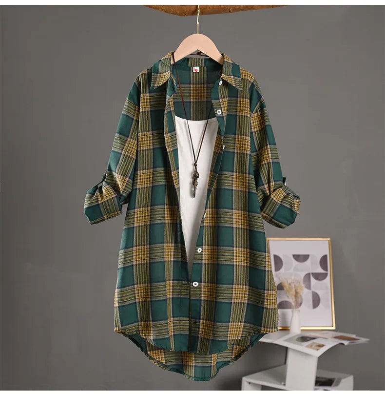 Women's Lightweight Cotton Linen Plaid Shirt Mid-Length Loose Jacket with Sun Protection for Spring and Summer Outerwear