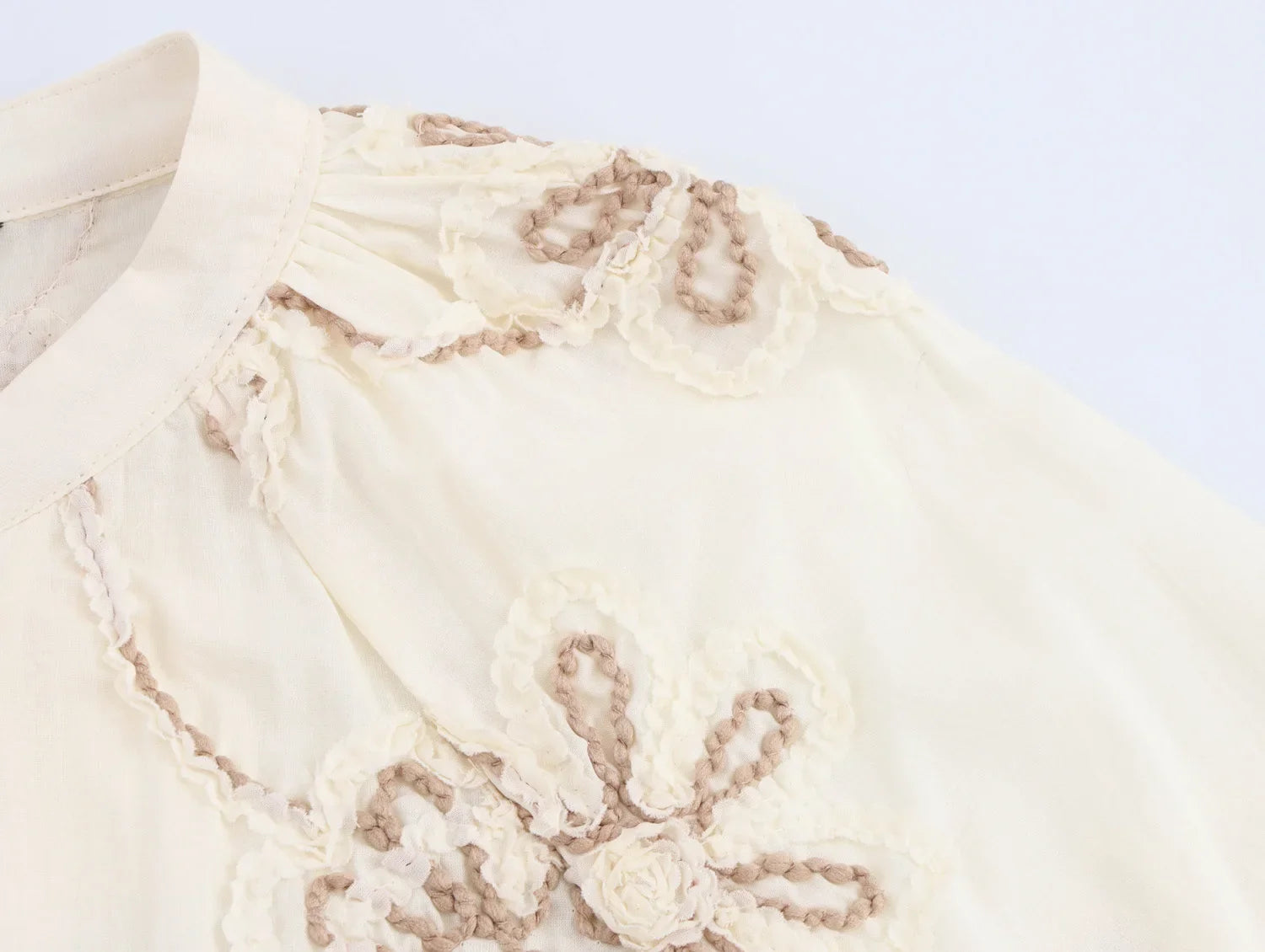 Womens Flower Embroidered Cropped Blouse Loose Tassel Lantern Sleeve Round Neck Chic Top