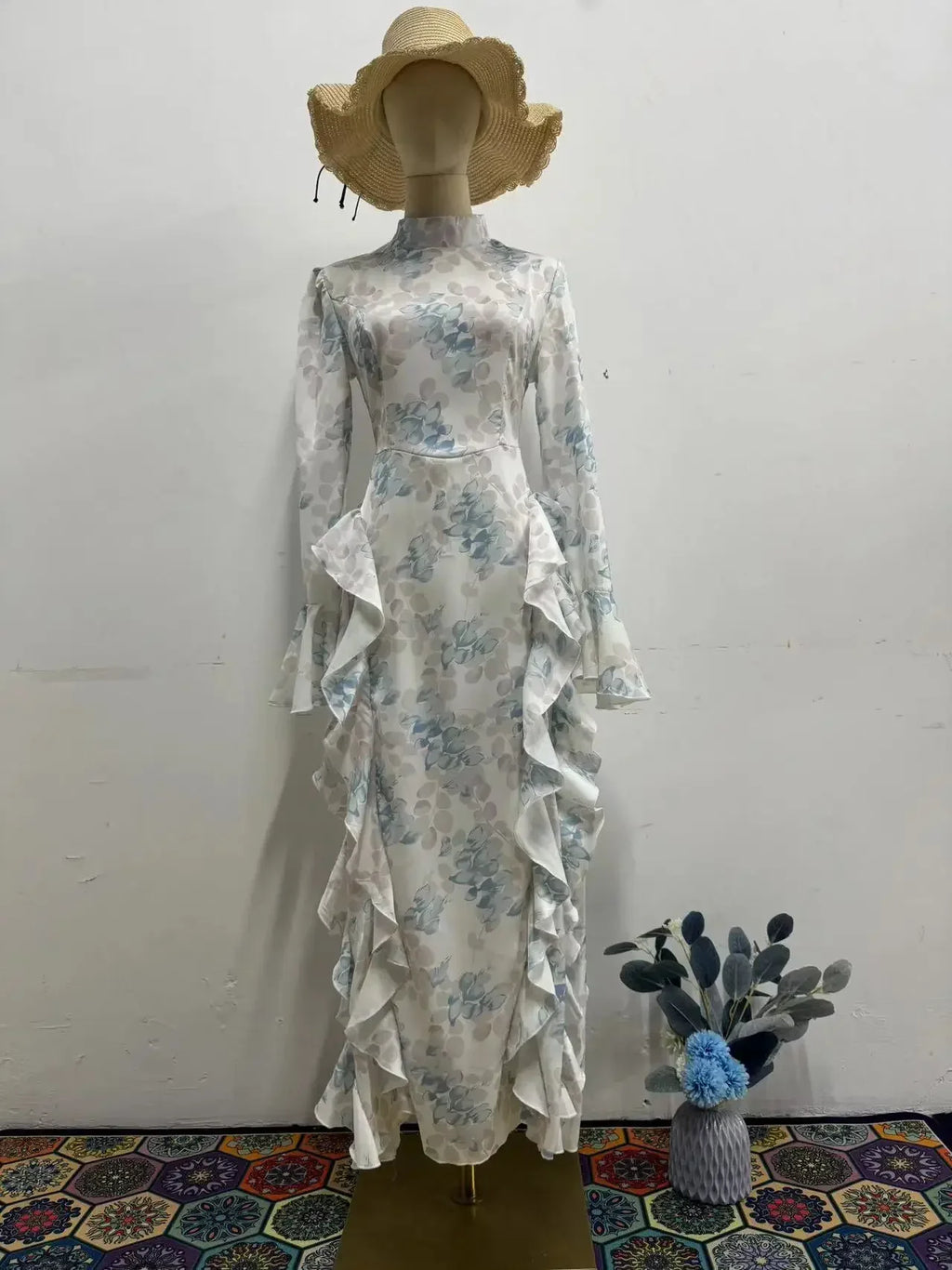 Satin Lace Up Printed Dress Long Sleeve Bodycon Evening Gown