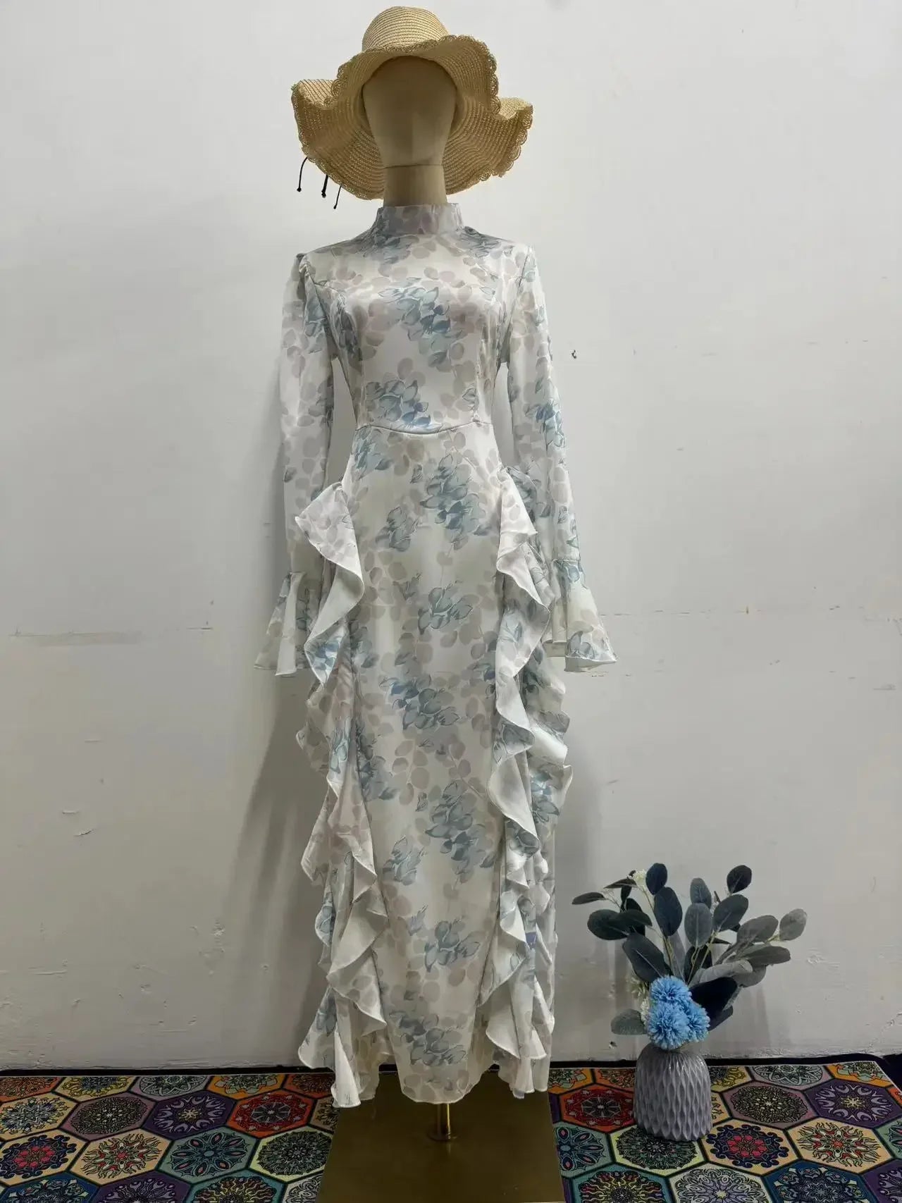 Satin Lace Up Printed Dress Long Sleeve Bodycon Evening Gown