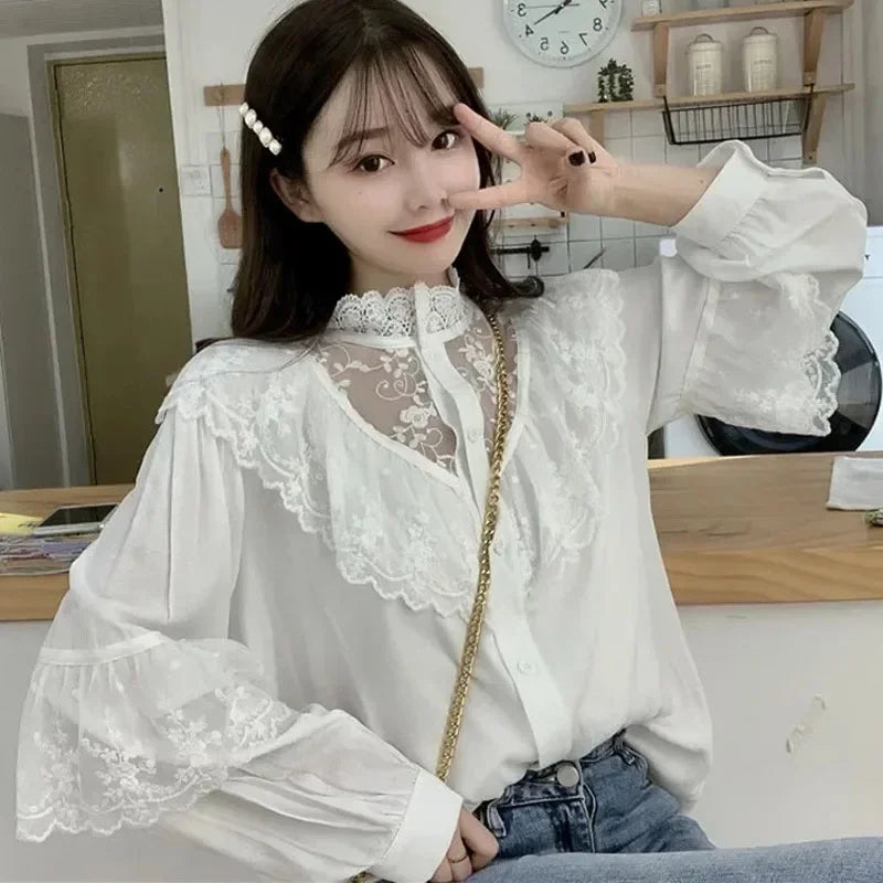 Spring Lace Loose Fit Long Sleeve Blouse for Women with Stand Collar and Button Detail Solid Color Casual Elegant Top