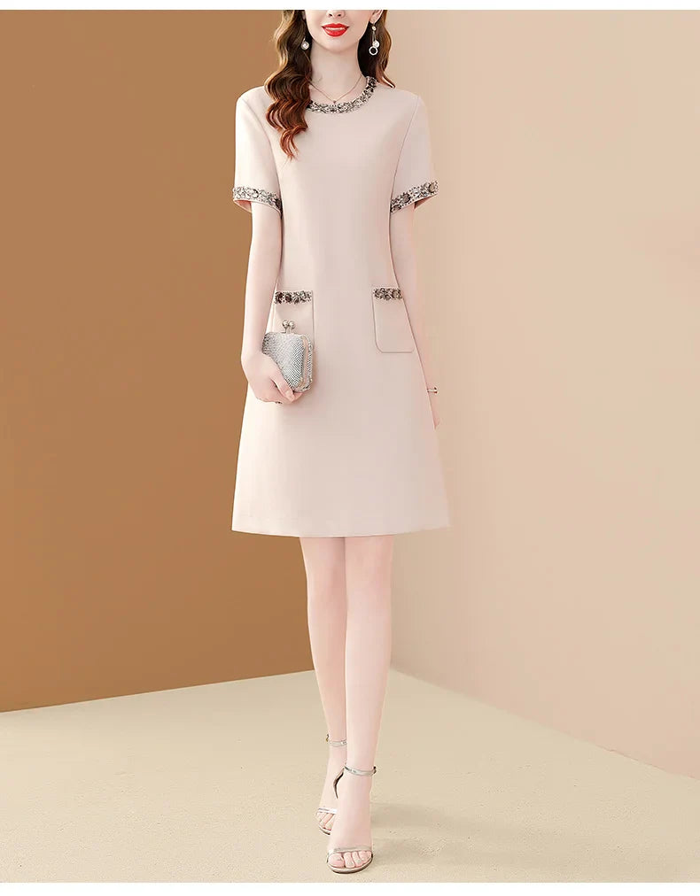 Elegant O Neck Embroidered A Line Dress For Women Office