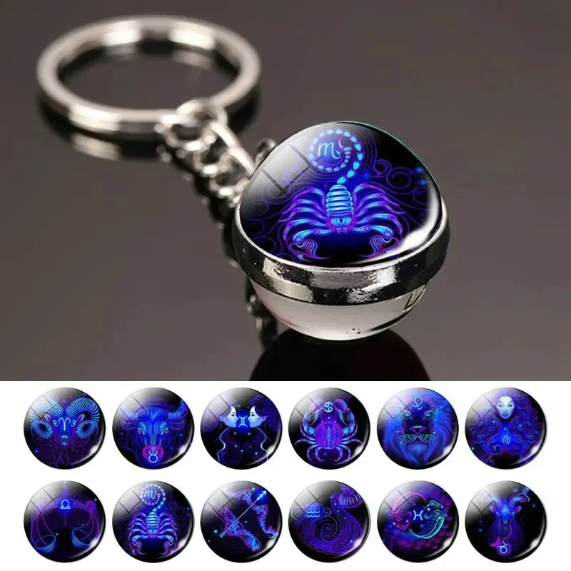 Luminous Zodiac Key Chain Double Sided Glass Ball Pendant for Men and Women Birthday Gift