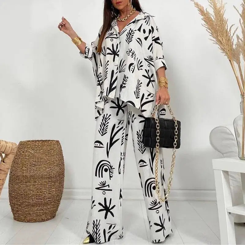 Summer Fashion Printed Women's Two Piece Set with Flip Collar Top and Wide Leg Pants