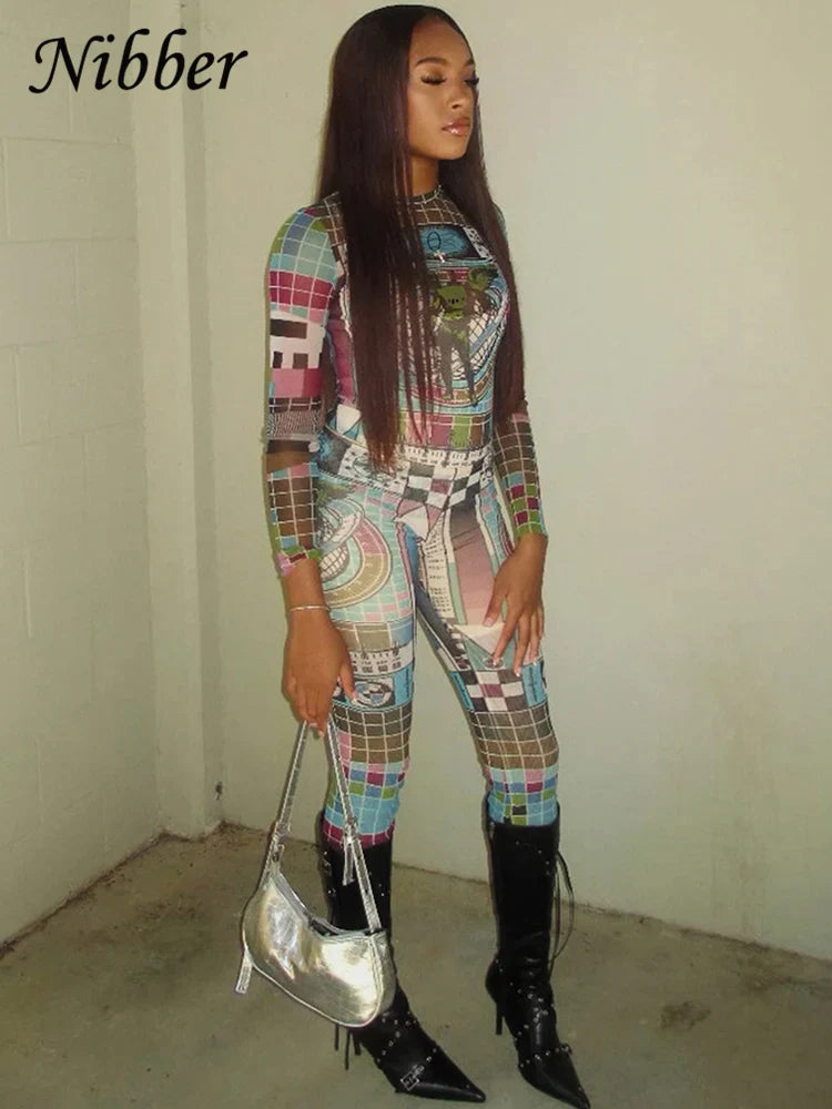 Colorful Pixel Print Mesh Women 2 Piece Tracksuit Set with Full Sleeve Crop Top and Stretch Leggings for Trendy Streetwear