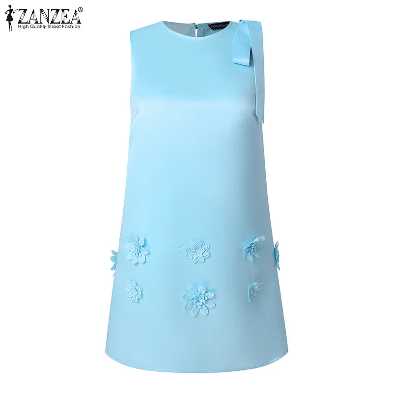 Elegant Korean Flower Bow Sleeveless Mini Dress For Women