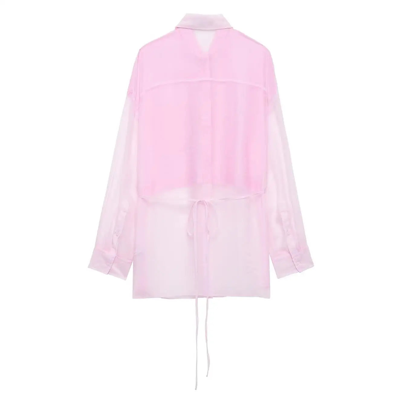 Women's Patchwork Translucent Blouse with Lace-Up Detail Casual Lapel Single-Breasted Long Loose Top for Spring and Summer