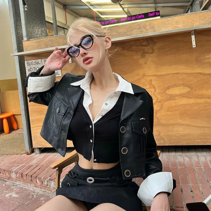 Y2K Two Piece Illusion Crop Top Women's Patchwork Slim Fit Long Sleeve Shirt Casual Streetwear Blouse for Spring and Autumn