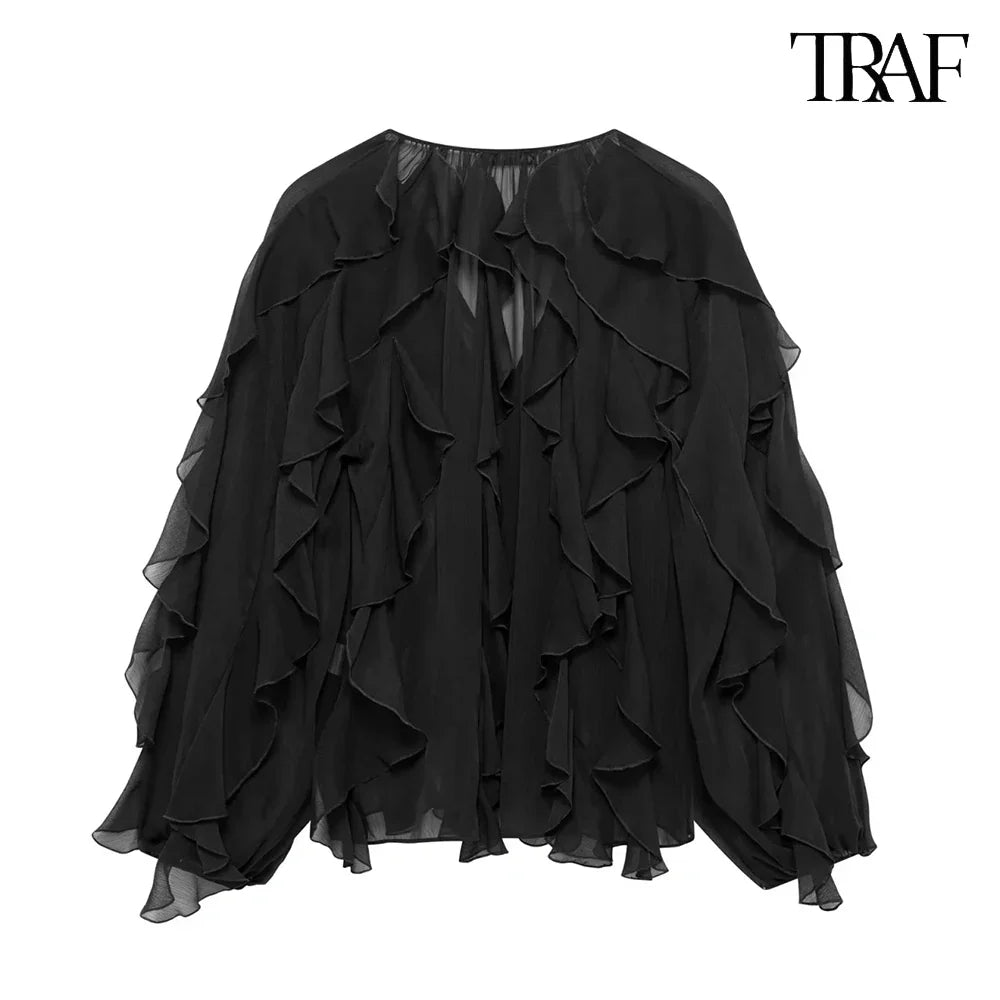 Elegant Solid Color Multi-Layered Ruffle V-Neck Sheer Long Sleeve Loose Blouse for Women