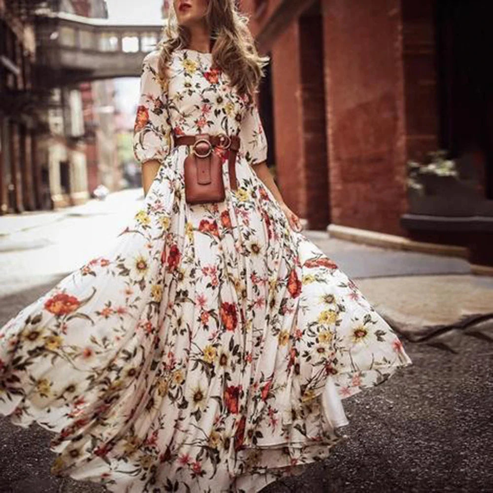 Floral Print A Line Maxi Dress With Elegant High Waist