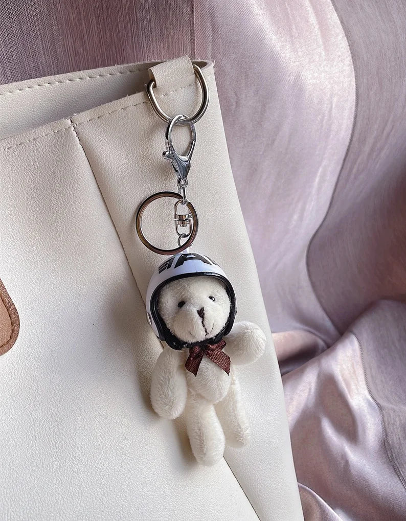 Helmeted Bear Charm Keychain Plush Ornament for Bags and Backpacks