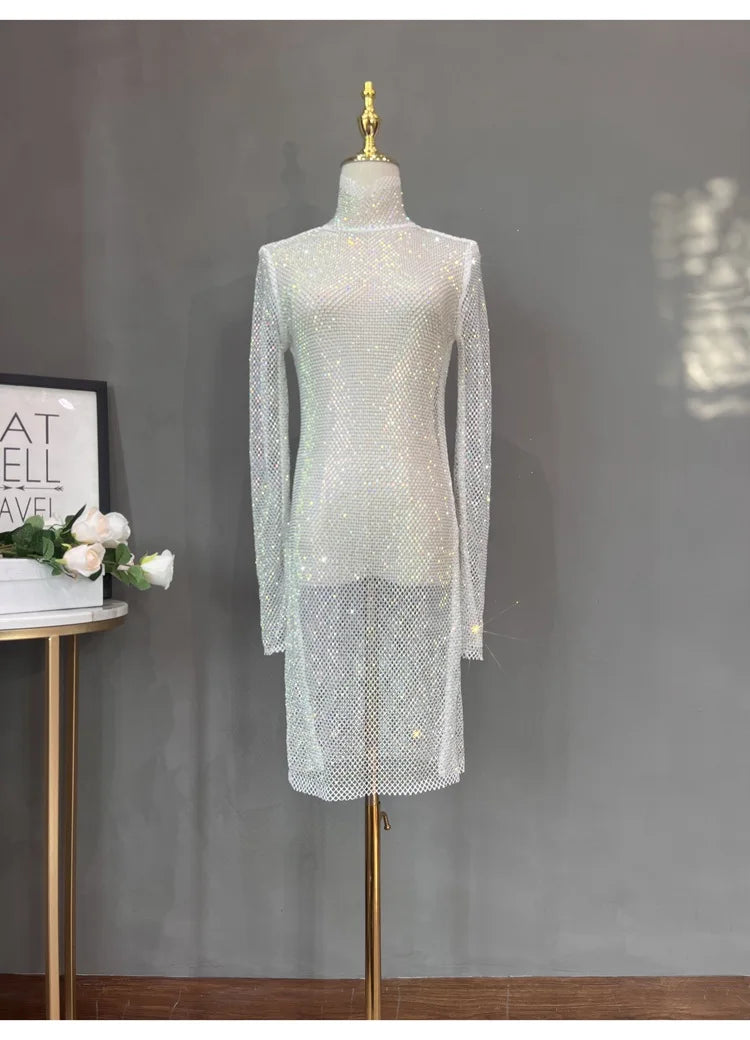 Rhinestone High Neck Glitter Party Dress Mid Length