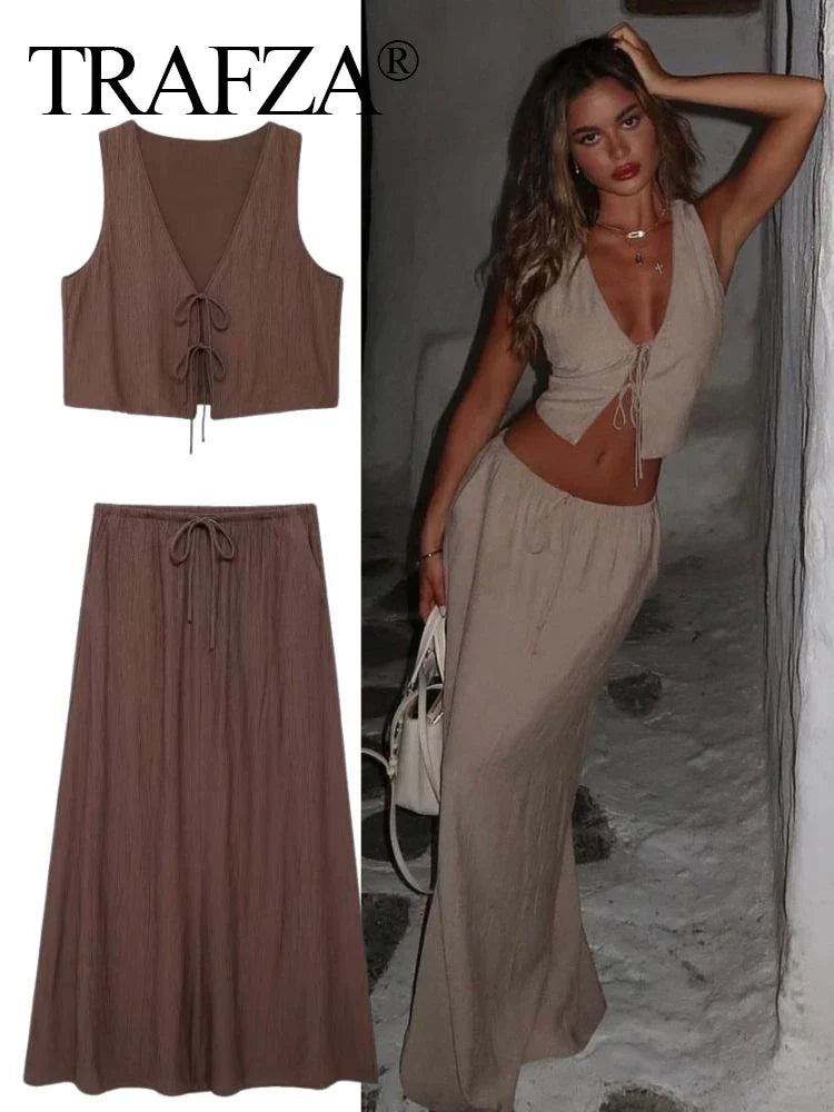 Women Textured Sleeveless Lace-Up Vest Top and High Waist Drawstring Skirt Set with Side Pockets