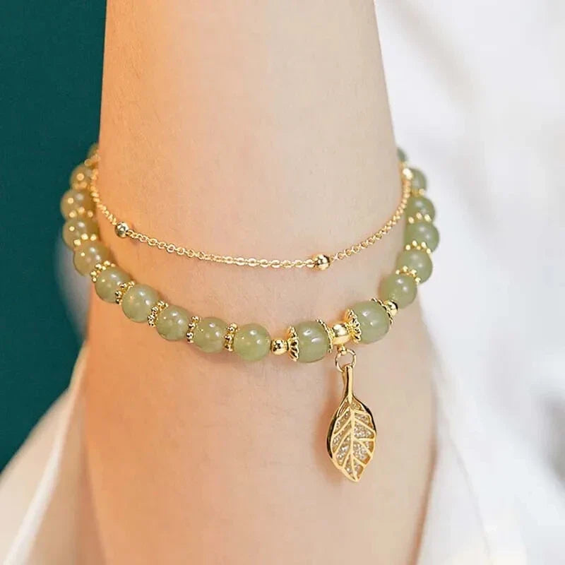 Chinese Style Green Jade Bracelet for Women with Gold Leaves Double Chain Design Elegant Bangle Gift for Special Occasions