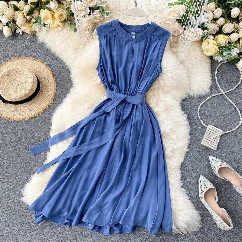 Sleeveless Summer Dress Solid Colors Green Blue Yellow Casual