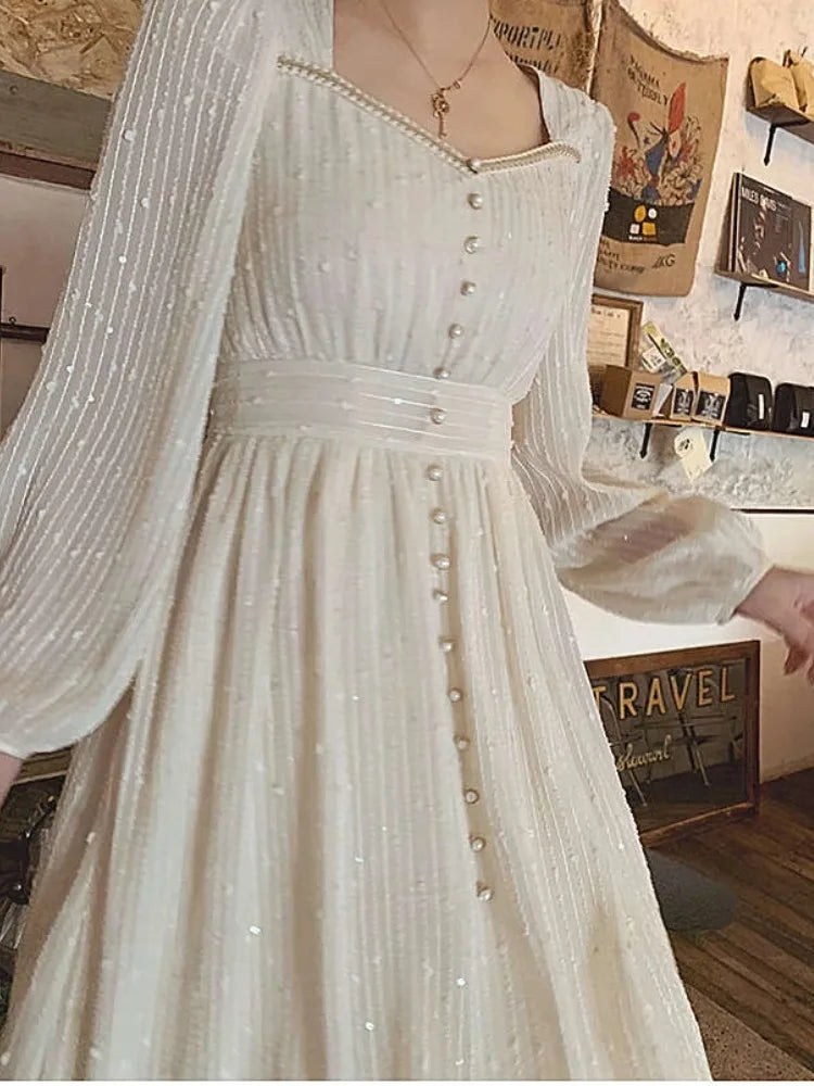 Elegant White Midi Dress For Women Vintage Princess Style