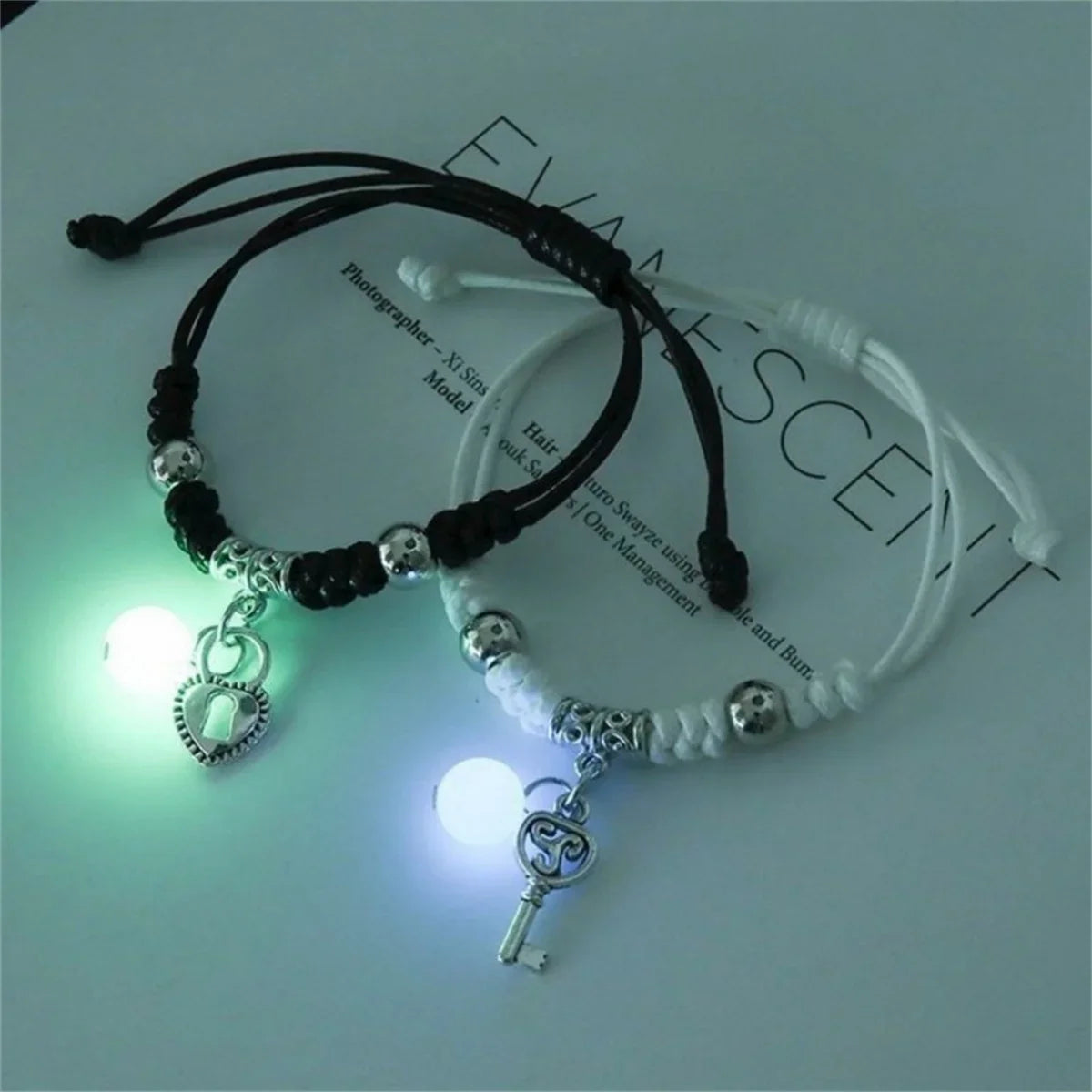 Luminous Beads Star Couple Bracelet for Women and Men Matching Friendship Jewelry with Cat Flower Heart Key Lock Cross Charms