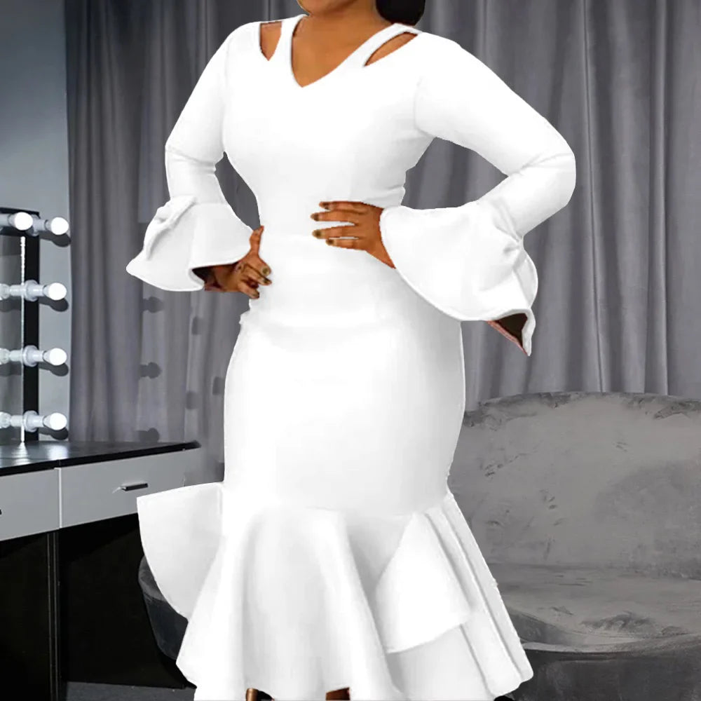 V Neck Sheath Mermaid Dress With Flare Sleeve White Blue