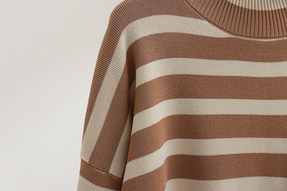 Cozy Winter Oversized Stripe Knit Two-Piece Sweater Set with Warm Turtleneck Pullover and Long Sleeve Casual Autumn Lounge Wear