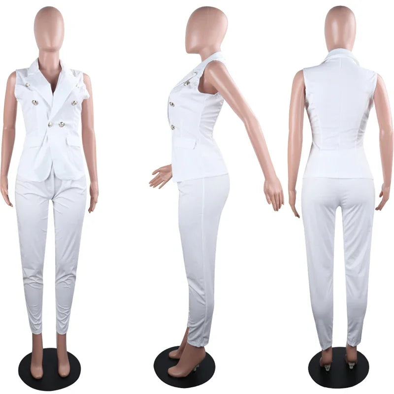 Elegant Women's Two Piece Pant Suit Set with Sleeveless Blazer and Pencil Pants for Office and Business Wear
