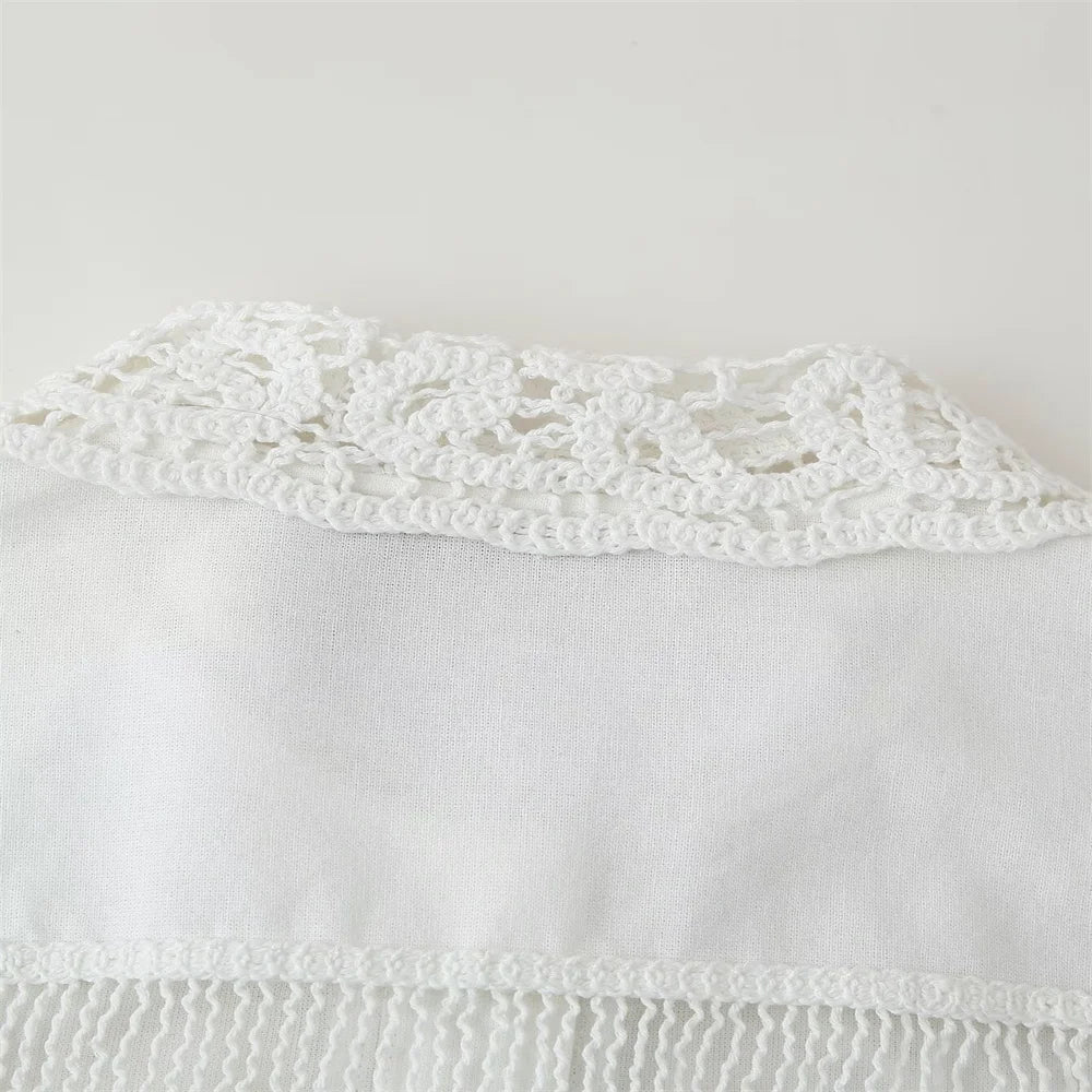 Women White Long Sleeve Blouse and Wide Leg Pants Set with Lace Trim Elegant Design