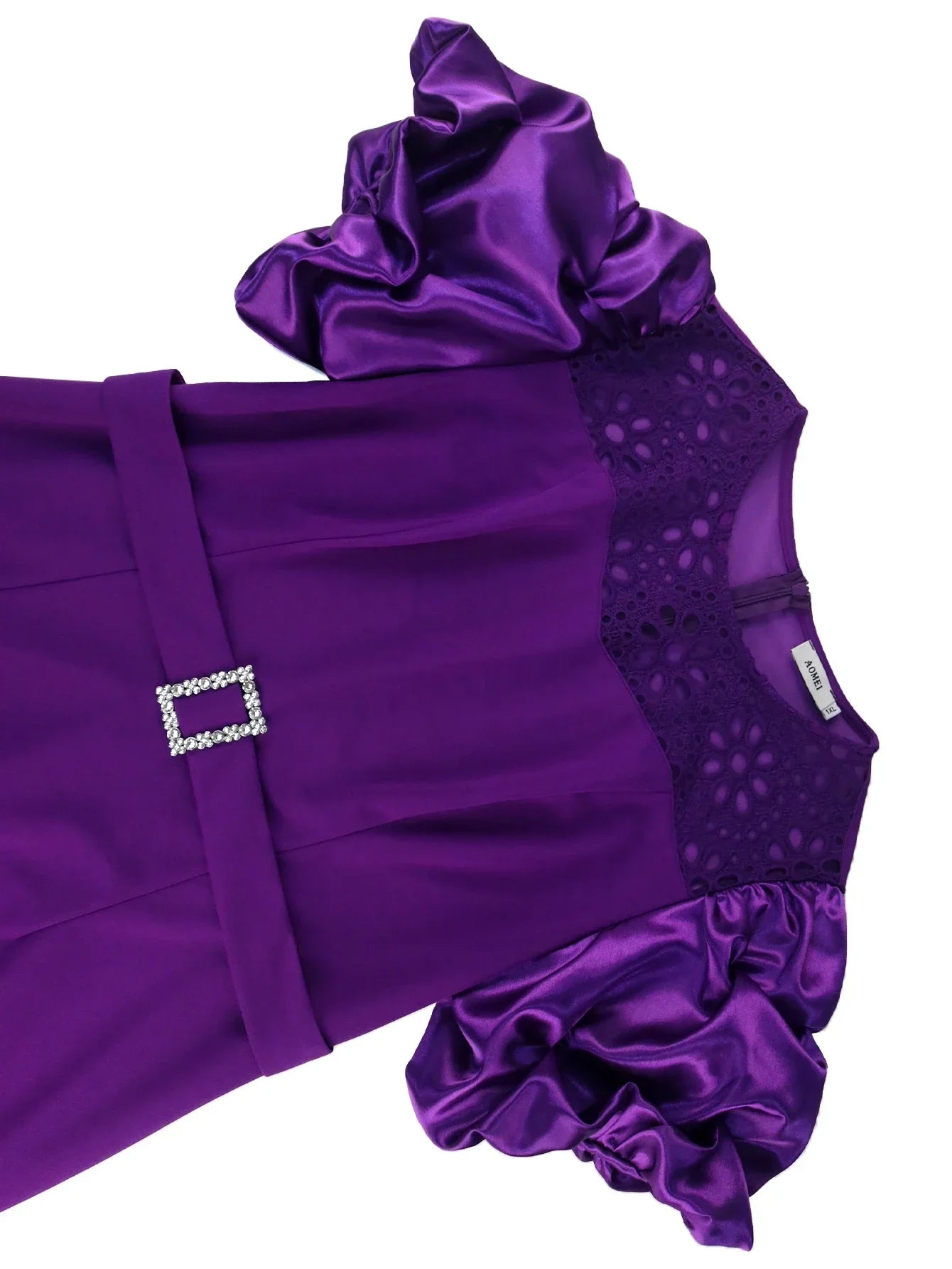 Modest Church Dress With Puff Sleeves Lace Patchwork