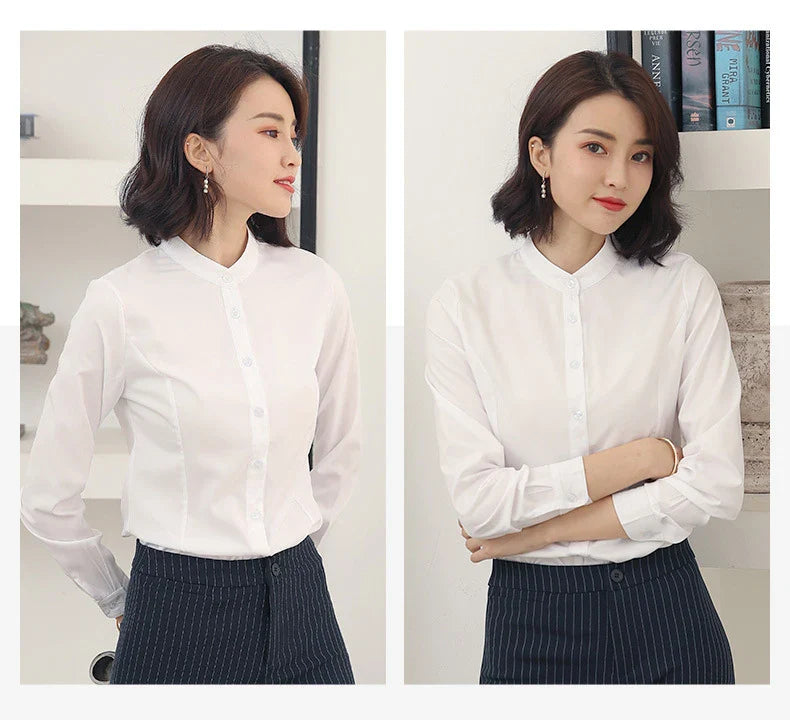 Women's Long Sleeve White Basic Shirt Blouse Stand Neck Tunic Button Up Office Work Top All Season