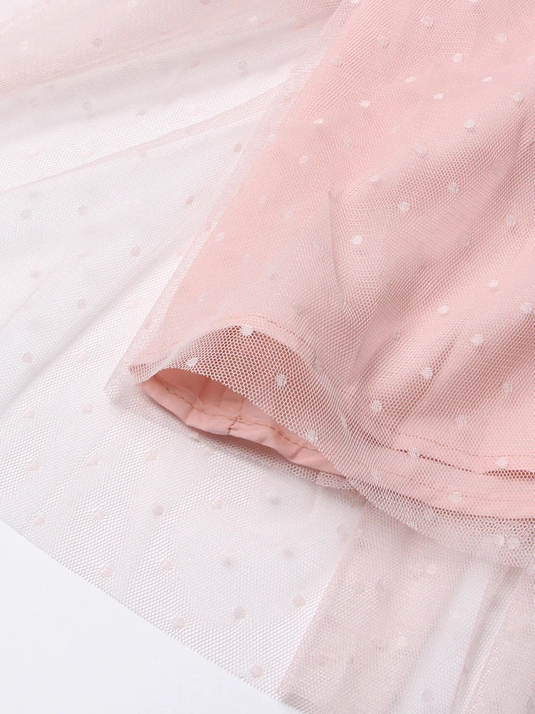 Patchwork Mesh Dress For Women High Waist Ruffled Casual