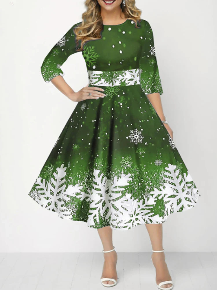 Elegant Autumn A Line Midi Dress O Neck High Waist Christmas