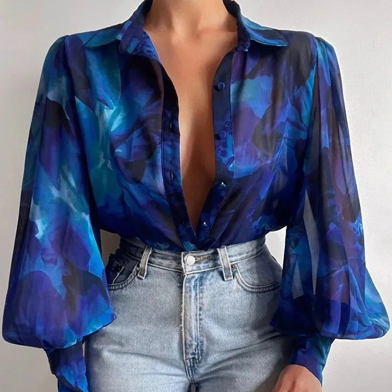 Charming Fashion Lapel Lantern Sleeve Blouse Vintage Floral Print Button Up Long Sleeve Shirt for Office and Casual Wear