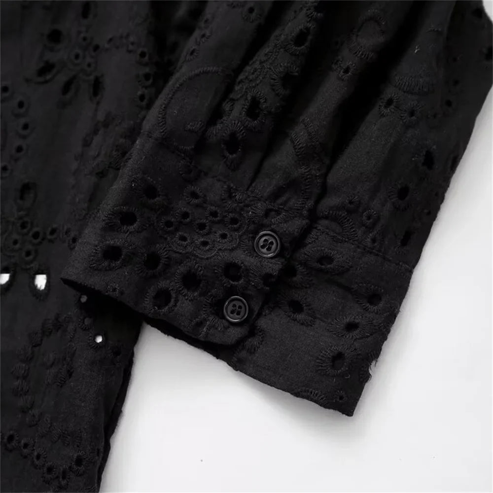 Women's Autumn Hollow Embroidery Poplin Lapel Single Breasted Shirt Stylish Slim Fit Office Casual Blouse