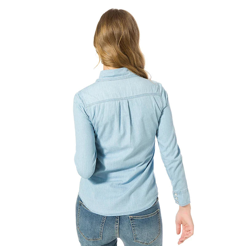 Elegant Sky Blue Denim Shirt for Women Long Sleeve Blouse with Pearl Buttons and Front Pockets Breathable Cotton Korean Style Top