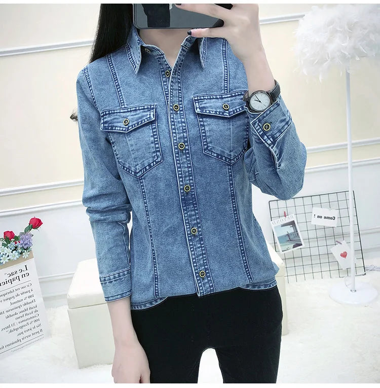 Women's High Quality Denim Shirt Long Sleeve Single Button Blouse with Pockets Casual Korean Style Autumn Winter Top